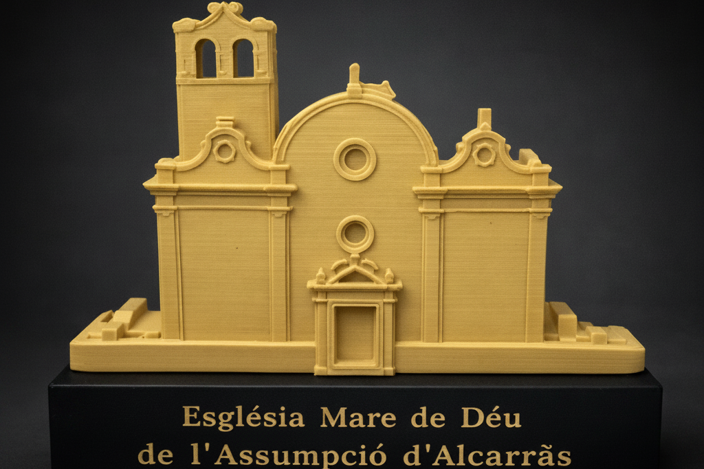 Reproducción en miniatura de la Iglesia de Alcarràs impresa en 3D.
