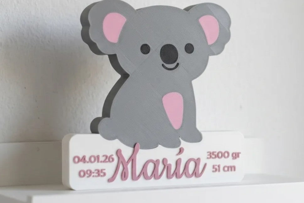 Regalo decorativo de nacimiento personalizado con diseño de koala.
