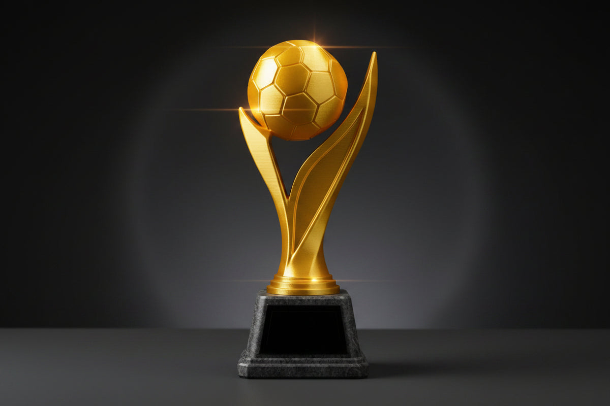 Trofeo de fútbol impreso en 3D para premiar jugadores o equipos.
